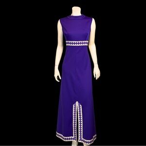 60s 70s PURPLE and Metallic SILVER Egyptian Goddess Sleeveless Maxi Dress L